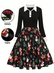 EMERY ROSE Christmas Plus Size Women Stand Collar Long Sleeve Waist Cinched Dress, Digital Printing Craftsmanship, Suitable For Holiday Wear And Everyday Wear
