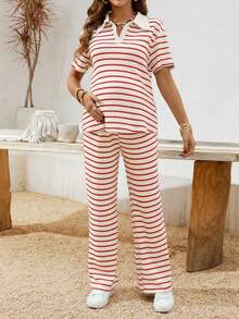 SHEIN Bộ 2 áo thun polo tay ngắn cổ bẻ kẻ sọc cho bà bầu và quần dài thường ngày có thể điều chỉnh eo - Đỏ và trắng - Xem 3