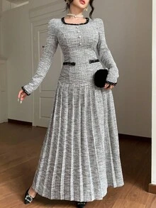 DAZY 优雅纹理条纹中长连衣裙，适合通勤，秋冬舞会礼服 - 灰色 - 查看 5