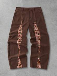 ROMWE MEN Casual Men's Corduroy Patchwork Ditsy Floral Pants, Fall/Winter