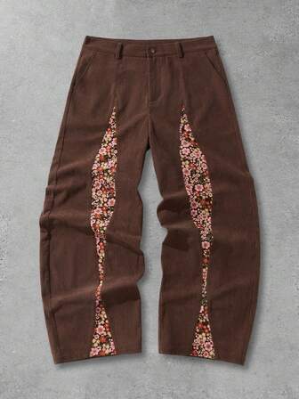 Street Life بنطلون رجالي من الكوردروي مزخرف بطبعات زهرية متناثرة، خريف/شتاء