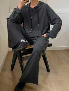 Livesso 女士秋冬时尚条纹宽松商务休闲连帽开衫和直筒裤两件套家居服套装 - 深灰色 - 查看 2