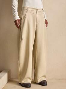 AKNOTIC Men Solid Color Pocket Loose Casual Wide Leg Pants, Fall - Apricot - View 1