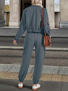 EMERY ROSE 2pcs/Set Women Solid Color Casual Long Sleeve Top And Loose Pants Suit - Dusty Blue - View 2