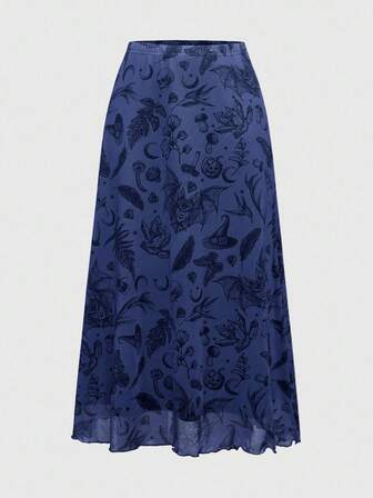 Fairycore Gonna mini a-line da donna in stile gotico scuro con stampe di pipistrelli, teschi, lune e zucche, in stile punk