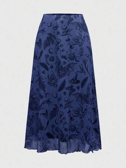 Fairycore Jupe mini évasée style gothique sombre pour femmes avec imprimé chauve-souris, crâne, lune et citrouille