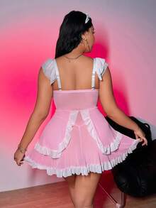 Fantasy Costume 3pcs Set: Plus Size Sexy Mesh Dress + G-String + Headpiece - Baby Pink - View 2