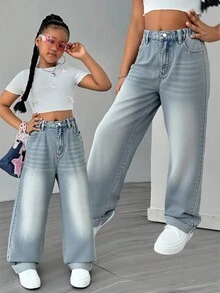 Quần jeans ống rộng Streetcool Tween Girl Tween Girl, Quần denim rộng rãi thường ngày - Rửa nhẹ - Xem 4