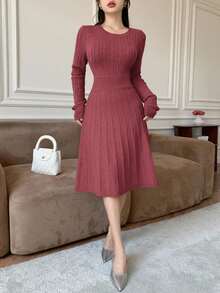 Modelyn Vestido de cuello redondo de manga larga con trenzado elegante de mujer - Burdeos - Ver 5