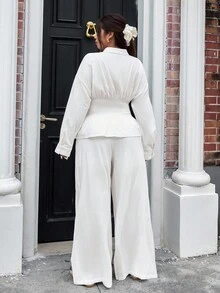 SHEIN EZwear Plus Size Casual Solid Color Cinched Waist Shirt And Pants 2 Pieces Set, Autumn - White - View 3