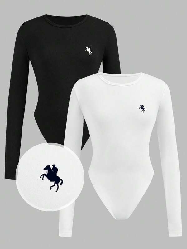 Girlism Tween Girl Knit Black & White Printed Pattern Crew Neck Long Sleeve Bodysuit