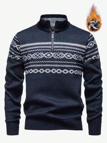 Manfinity Mode Men's Thermal Lined Casual Geometric Pattern Sweater, Autumn/Winter Christmas, Long Sleeve Top