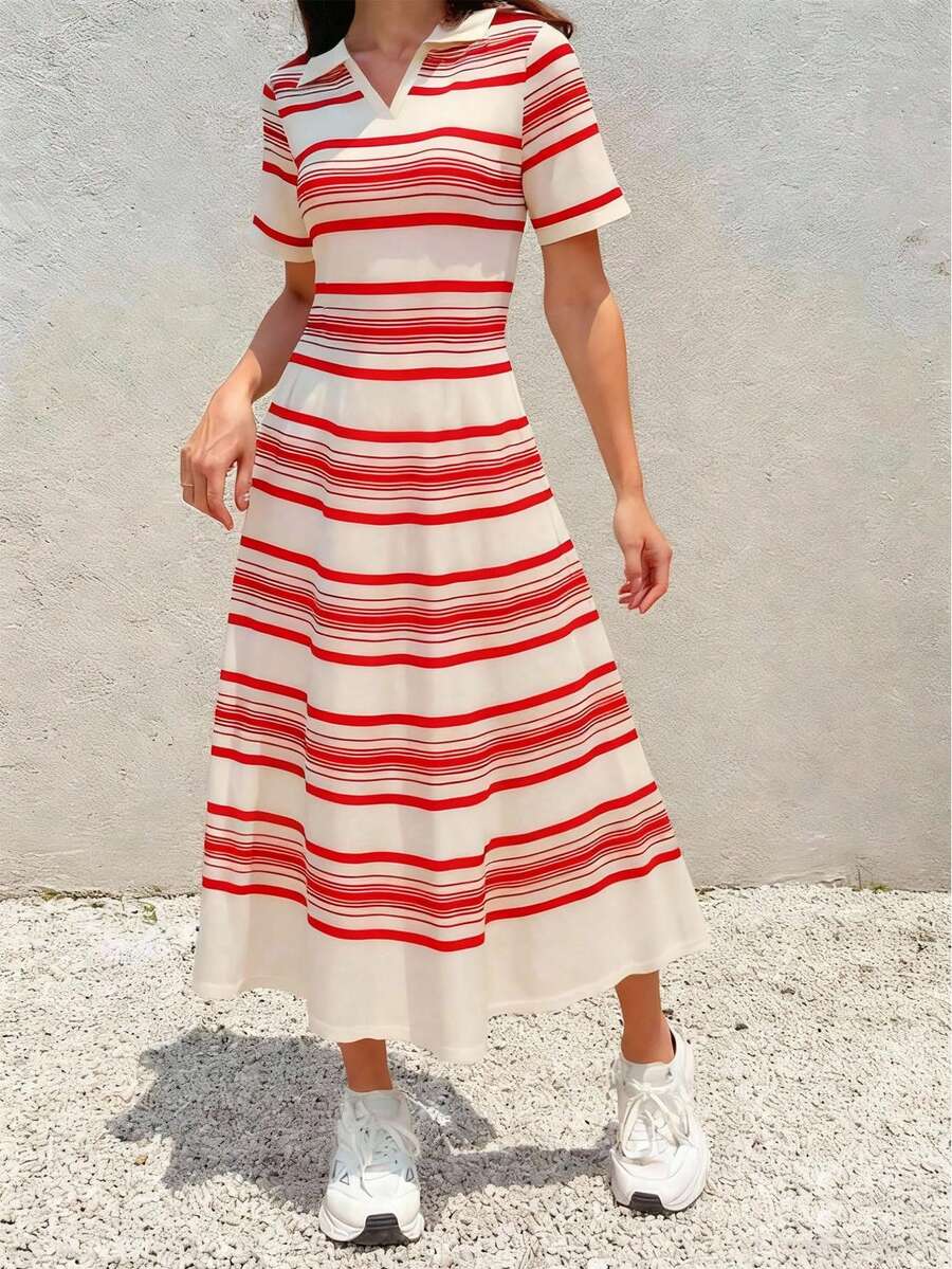 INAWLY Váy ngắn tay kẻ sọc thường ngày cho nữ - Đỏ - Xem 1