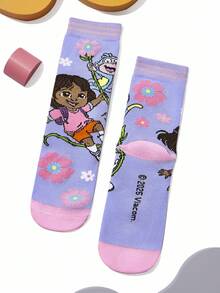 DORA | SHEIN 3 双女童棉质柔软透气吸湿排汗儿童中筒袜粉色和紫色可爱卡通中筒袜加固脚趾和脚跟，经久耐用，四季百搭，适合学校和户外，夏季冬季花朵和猴子 - 彩色 - 查看 9