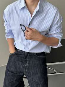 DAZY Áo sơ mi nam kẻ sọc thường ngày, thời trang tối giản cho đi làm và mặc hàng ngày, áo sơ mi nam dài tay mùa thu, trang phục công sở - Màu xanh lam - Xem 5