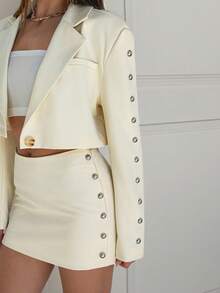 SHEIN EZwear Conjunto elegante de blazer de manga larga y falda lápiz mini con decoración de cuentas tejida de unicolor para mujer, ropa de otoño e invierno