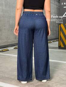 Flexra Celana Jeans Kasual Longgar Kaki Lebar dengan Tali Serut Pinggang untuk Wanita Ukuran Plus - Biru - View 2