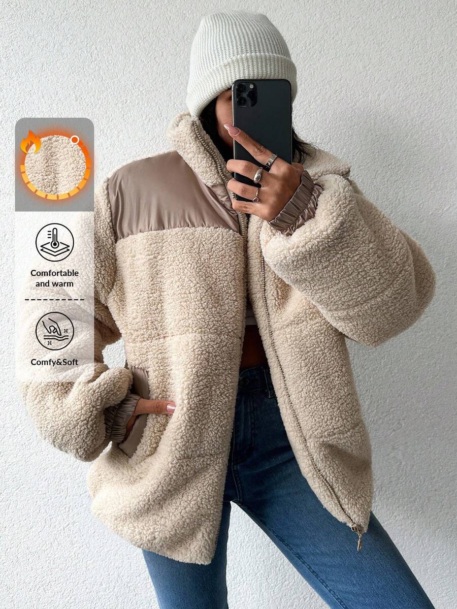 EURMUSE Contrast Panel Slant Pockets Teddy Puffer Coat - Apricot - View 1