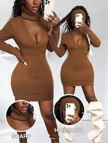 BamGleam Women's Deep V-Neck Long Sleeve High Collar Fitted Casual Knit Sweater Dress, Autumn/Winter