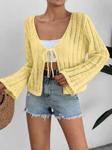 EURMUSE Cardigan décontracté de vacances en tricot à manches évasées, à nœud devant et ajouré, de couleur unie - Jaune citron - Voir 3