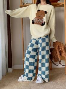 DAZY 女士小熊英文印花宽松针织长袖上衣和裤子两件套睡衣，秋冬季保暖内衬，舒适保暖，蓬松柔软 - 白色 - 查看 5