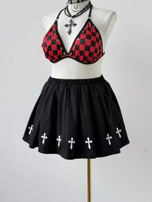 Sunspun 加大码黑色束腰宽松半身裙，十字架装饰，简约朋克风格，百搭黑色短裙 - 黑色 - 查看 6