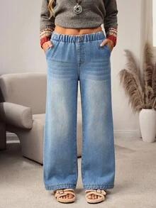 EMERY ROSE Women's Elastic Waist Pockets Wide Leg Loose Casual Jeans - Blue - View 3