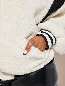 Radiana 女式条纹蝙蝠袖拉链棒球夹克拉链毛衣泰迪熊夹克羊羔绒夹克飞行员夹克短款拉链连帽衫泰迪熊飞行员夹克拉链夹克秋冬女装 - 白色 - 查看 7