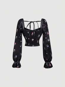 SHEIN MOD Blusa de moda de manga larga con cuello de corazón y estampado floral para mujer