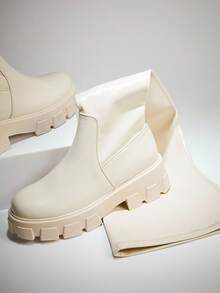 Solezae Women's Thick Platform Over The Knee Stretchy Heeled Boots - 米色 - 查看 8