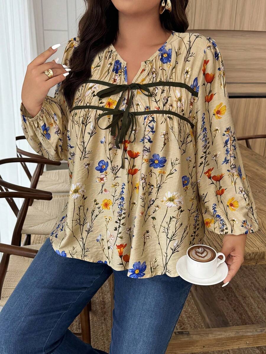 Weeklong 大码女式休闲V领系带纹理印花灯笼袖长袖衬衫 - 彩色 - 查看 1