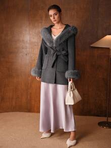 MOTF PREMIUM WOOL BELTED CONTRAST FAUX FUR OVERCOAT - Grey - View 9