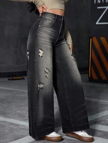 SHEIN Calça jeans feminina casual versátil, escura, desgastada, com perna reta