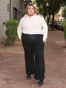 Enliva Melanieangelese Plus Size Autumn/Winter Casual Solid Color Wide-Waist Thickened Pants, For Apple Rounded Body Shape