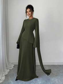 Elenzga Women's Elegant Middle Eastern Style Vintage French Chic Dress, Featuring Layered Bodice With Adjustable Cinched Waist, Flared Skirt With Chiffon Hem, Long Flared Sleeves, And Shoulder Drape Details, Suitable For Parties, Autumn/Winter - Army Green - View 7