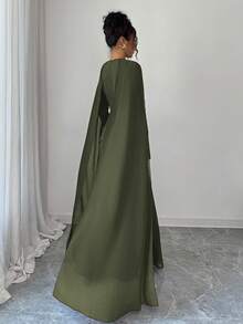 Elenzga Women's Elegant Middle Eastern Style Vintage French Chic Dress, Featuring Layered Bodice With Adjustable Cinched Waist, Flared Skirt With Chiffon Hem, Long Flared Sleeves, And Shoulder Drape Details, Suitable For Parties, Autumn/Winter - Army Green - View 8