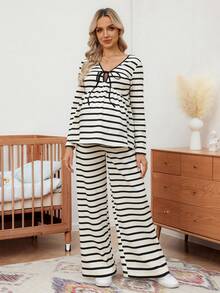 SHEIN Bộ 2 món áo và quần sọc thường ngày cho bà bầu, mùa thu - Đen và trắng - Xem 5