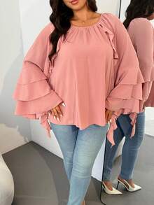 Enliva Áo kiểu tay dài dáng rộng có bèo nhún dành cho nữ cỡ lớn Jennifer Samantha Style, phù hợp với dáng người tròn trịa, thích hợp cho Ngày Valentine, Tình yêu, Quà tặng, Lãng mạn, Chúc mừng Ngày Valentine, 2026, Năm mới - Hồng - Xem 9