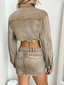 Aloruh Flap Pocket Raw Hem Crop Denim Jacket, Vintage, Fall Women Clothes, Streetwear - Khaki - View 2