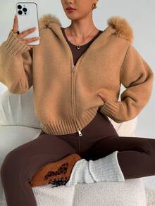 SHEIN Dewbera 女士仿毛领长袖连帽针织开衫，舒适棕色秋季开衫 - 卡其色 - 查看 4