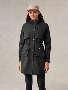 OutZeal 女士防水防风拉链口袋抽绳腰长款户外夹克徒步露营日常 - 黑色 - 查看 7