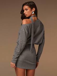 Athîral 女式条纹不对称肩部褶饰长袖休闲迷你连衣裙 - 灰色 - 查看 2