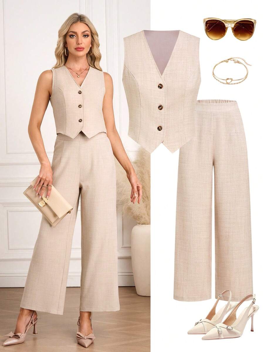 Ellevyn Damen eleganter Büroanzug Weste & Hose 2-teiliges Set, hochwertige Business Formalbekleidung mit Futter, vielseitig einsetzbar im Herbst/Winter - Khaki - Übersicht 1