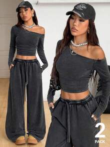 Coolane Women's Daily Wear Essentials Knit Stretchy Comfy Asymmetrical Neck Long Sleeve Tops And Wide Leg Sweatpants Tracksuit Two Pieces Outfits - Black - View 3