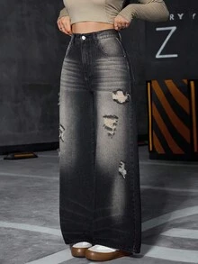 SHEIN Calça jeans feminina casual versátil, escura, desgastada, com perna reta