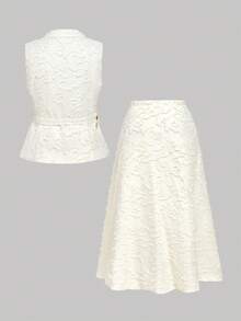 SHEIN MOD Plus Size Jacquard Textured Suit 2 Pieces Set, Sleeveless Blazer Jacket Paired With A-Line Skirt, Apricot Color - Apricot - View 4