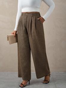 SHEIN Tall CURVE Plus Size Casual Vintage Pleated Plaid Suit Pants, Autumn And Winter Graduation,Back To School,Teacher Outfits For Women Dress Pants Women Plus Size Tall Women Pants Plus Size Dress Pants Plaid Pants Women Plus Size Wide Leg Pants Women Plus Size - Brown - View 3