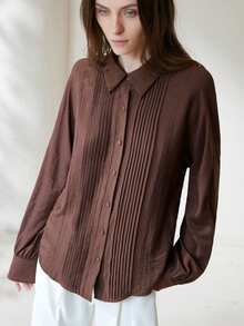 Aveloria Modichic 休闲宽松纹理褶皱法式长袖衬衫 - 棕色 - 查看 6