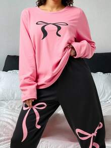 2pcs/Set Cute, Charming & Elegant Black With Pink Bow Knitted Stretchy Long Sleeve Top And Pants Pajama Set, Suitable For Teens And Young Women, Spring/Autumn - Pink - View 4