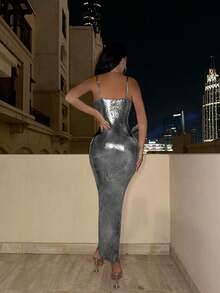 Allurite 修身吊带连衣裙 Maxi 女士套装 - 銀色 - 查看 2